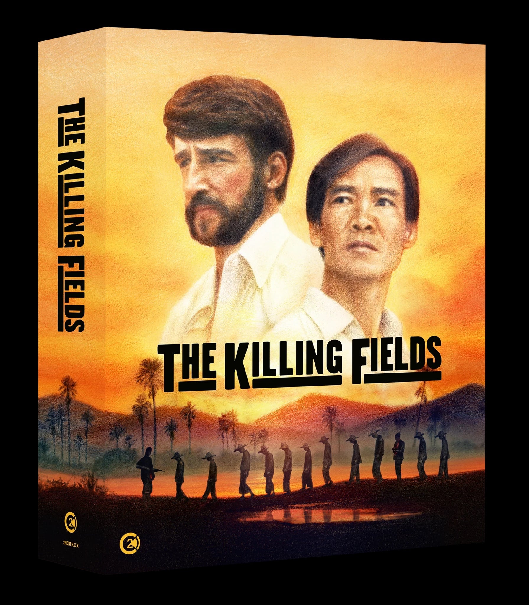 Box cover for “The Killing Fields” showing two men in front of a sunset, with silhouettes of people walking through a field below the title.