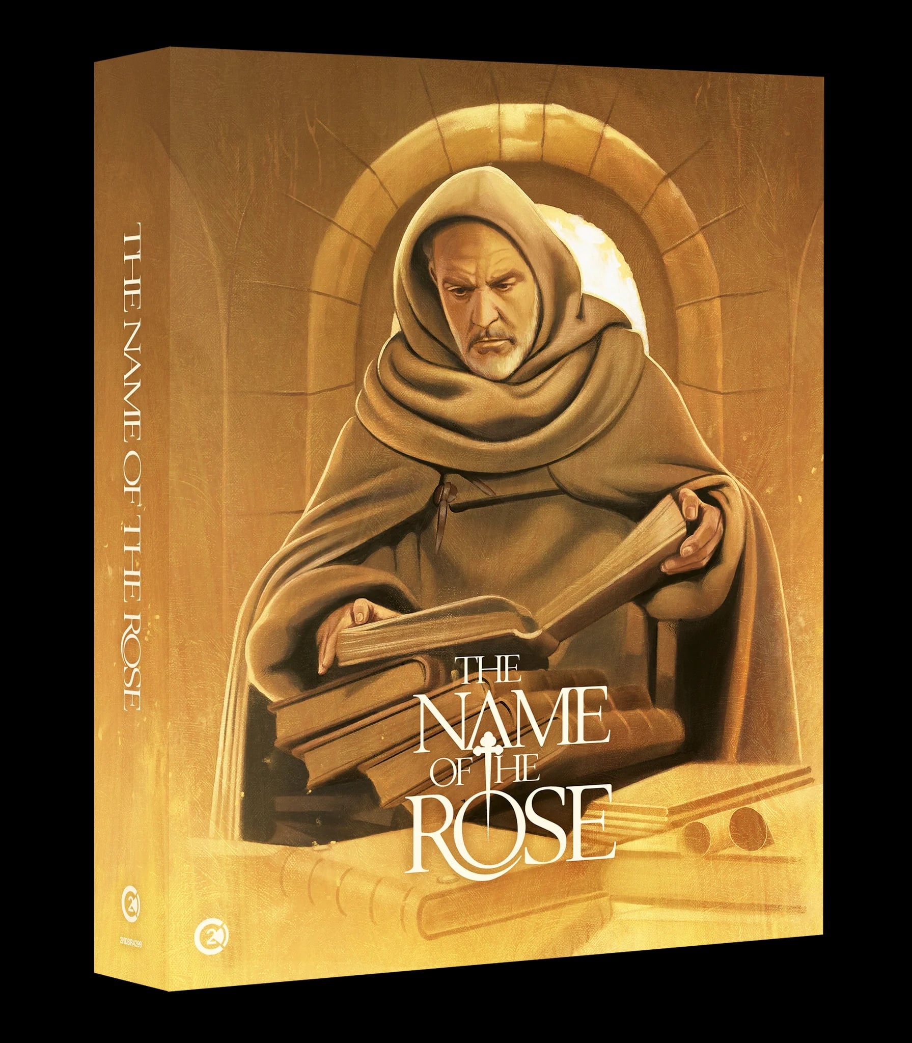 Book cover for “The Name of the Rose” showing a hooded monk reading large books in front of an arched window, with a golden-brown color scheme.