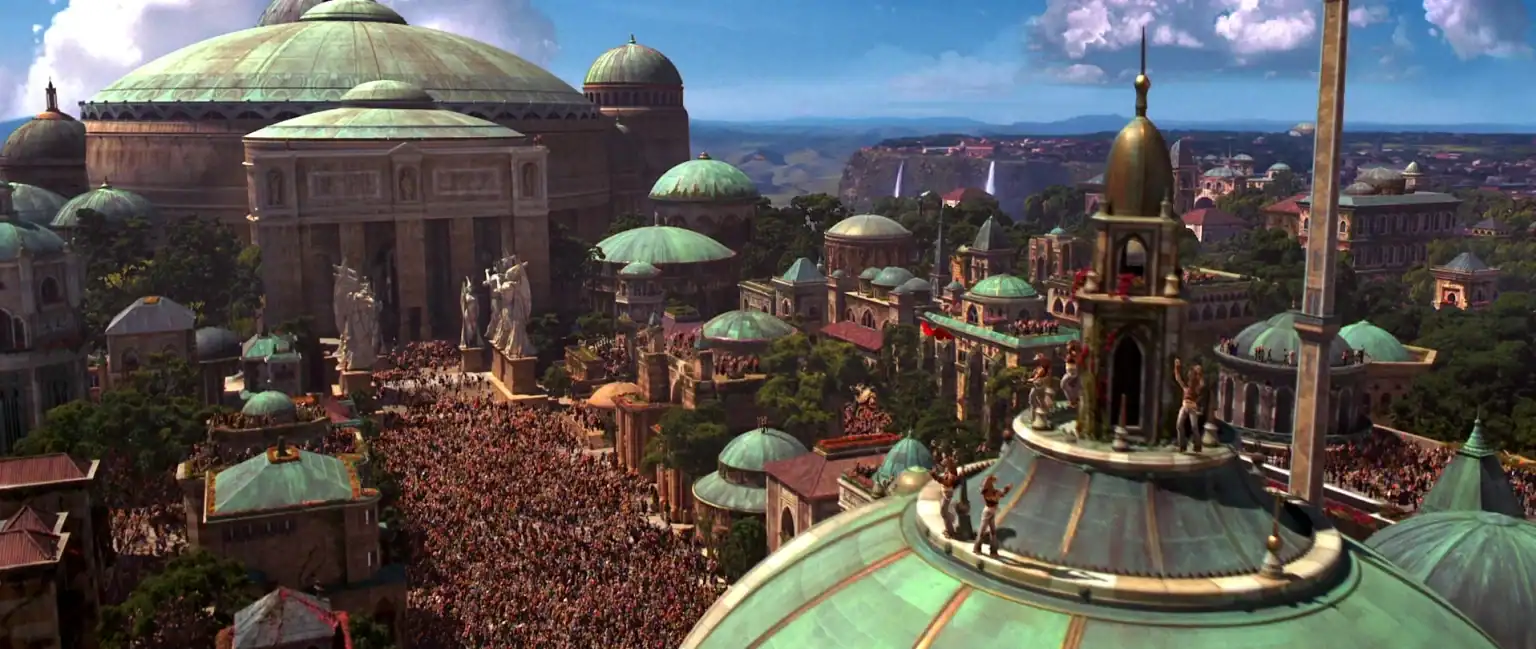A large crowd gathers in a city with green domed buildings and classical architecture under a blue sky with clouds.