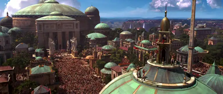 A large crowd gathers in a city with green domed buildings and classical architecture under a blue sky with clouds.