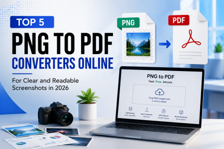 Top 5 PNG to PDF Converters Online For Clear And Readable Screenshots In 2026 A laptop displaying a PNG to PDF converter website, with a camera beside it and graphics showing an image converting from PNG format to PDF format.