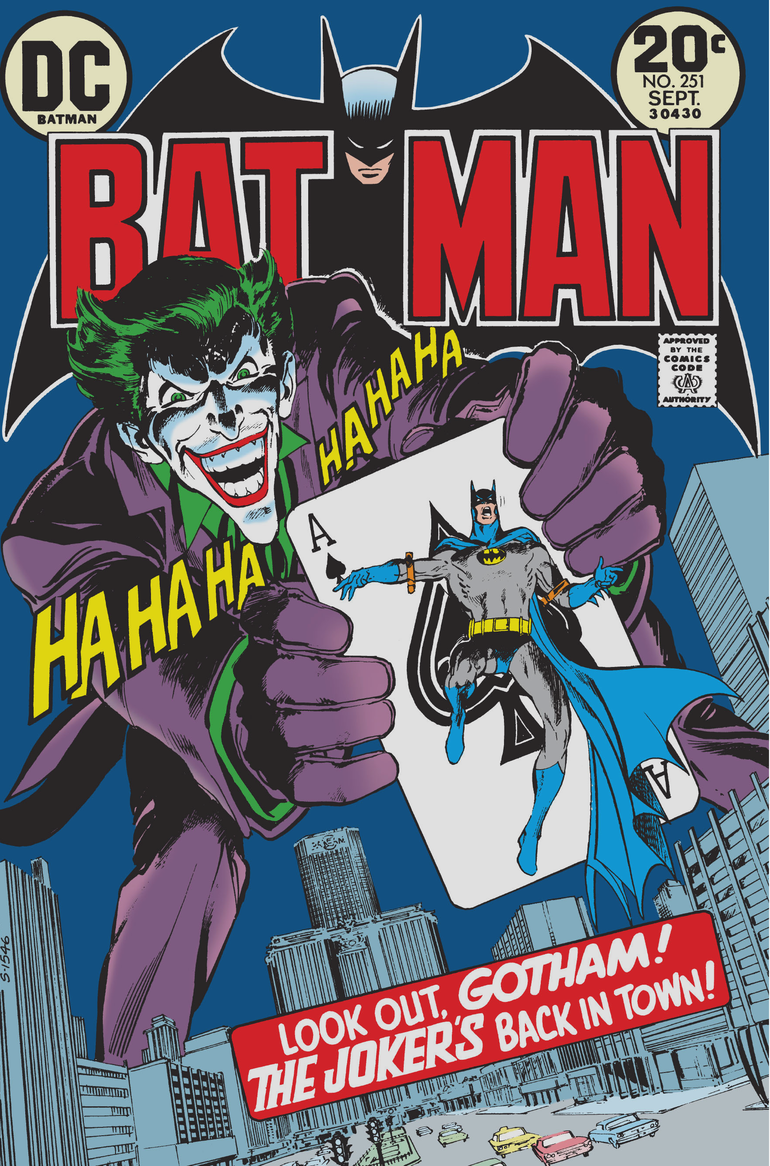 Comic book cover: The Joker holds a giant playing card with Batman on it, laughing. Text reads, “Look out, Gotham! The Joker’s back in town!” Batman logo and 20¢ price are shown.