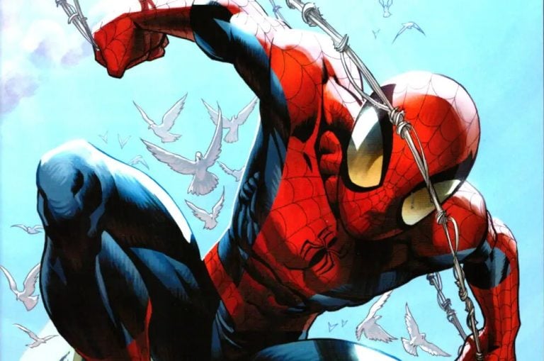 The 10 Best Spider-Man Comics For Beginners Comic-style Spider-Man crouches in midair, shooting webs with birds flying in the blue sky background.