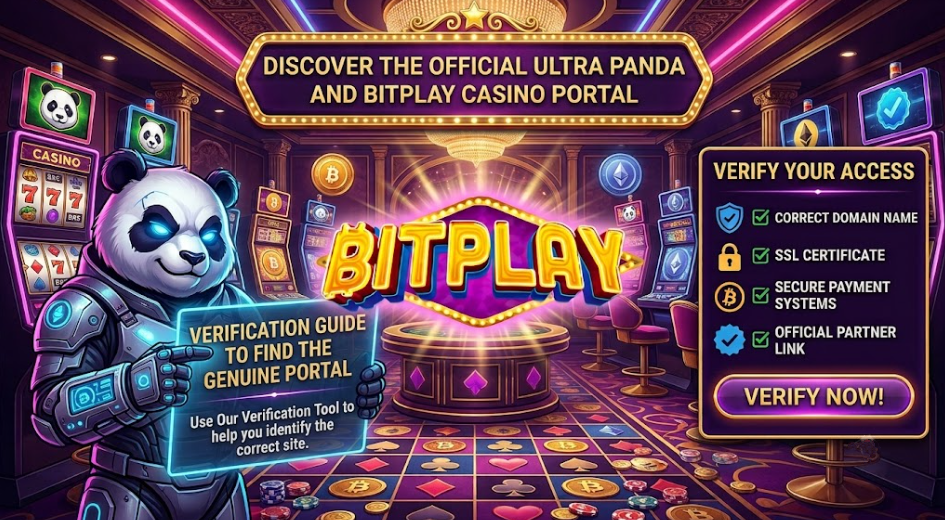 A panda in a casino holds a sign about verifying the Bitplay portal. Bright slot machines, game tokens, and verification steps are visible in the colorful casino setting.