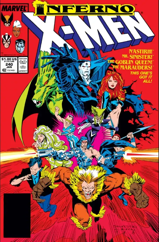 X-Men comic cover with multiple superheroes and villains charging forward, including Storm, Wolverine, and Cyclops, under a bold “Inferno” banner.