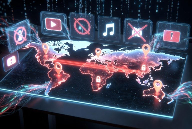 A digital world map with icons overhead showing restricted access to online services, including video, music, and alerts, suggesting global internet censorship.