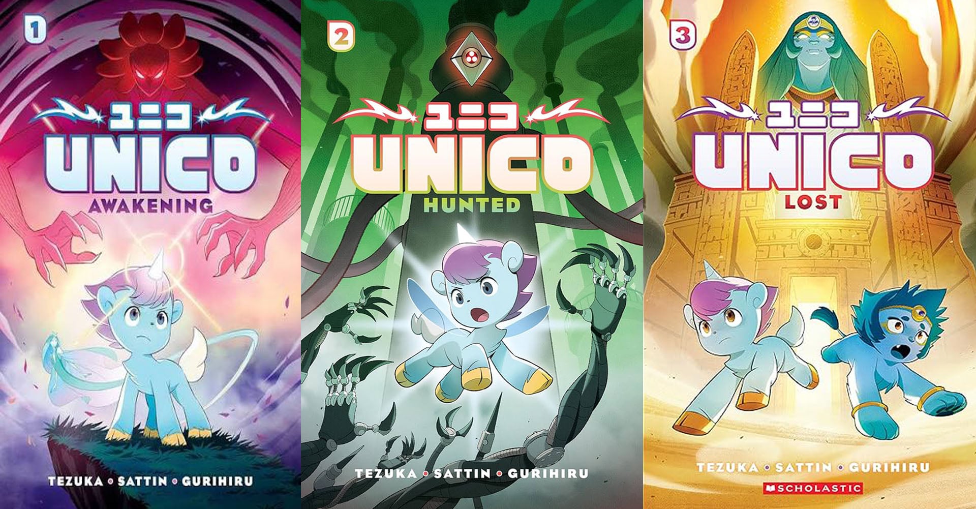 Three comic book covers titled “Unico”: “Awakening” with a white unicorn, “Hunted” with dark hands reaching, and “Lost” showing two creatures in front of a large blue figure.