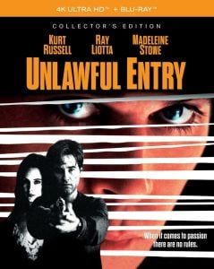 Blu-ray cover for “Unlawful Entry” featuring intense close-ups of actors and bold title text, with the tagline “When it comes to passion there are no rules.”.