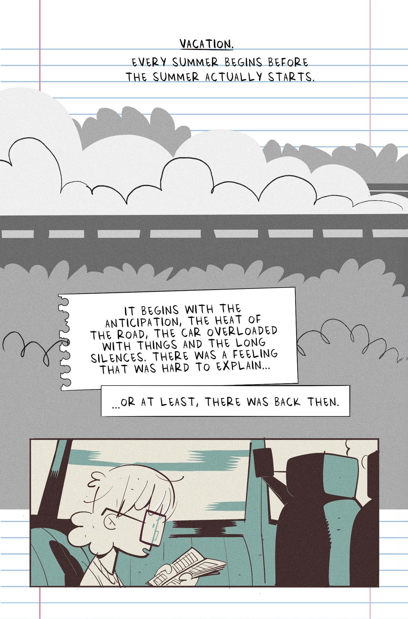 A person with glasses reads in a car while clouds fill the sky; text describes summer vacations starting with anticipation and quiet car rides.