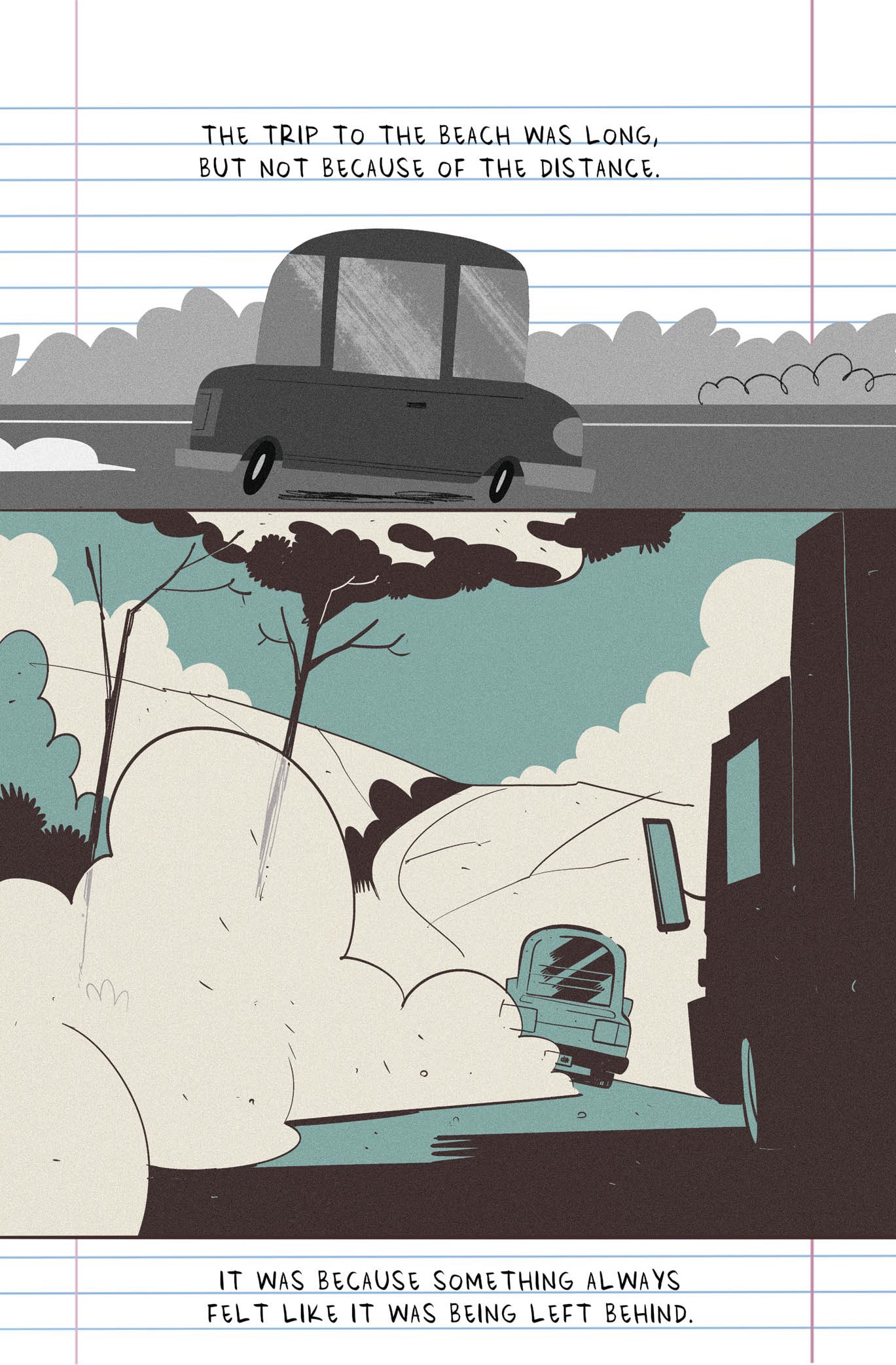 A car drives on a road under cloudy skies, leaving a trail of dust. The scene suggests a sense of departure and nostalgia.