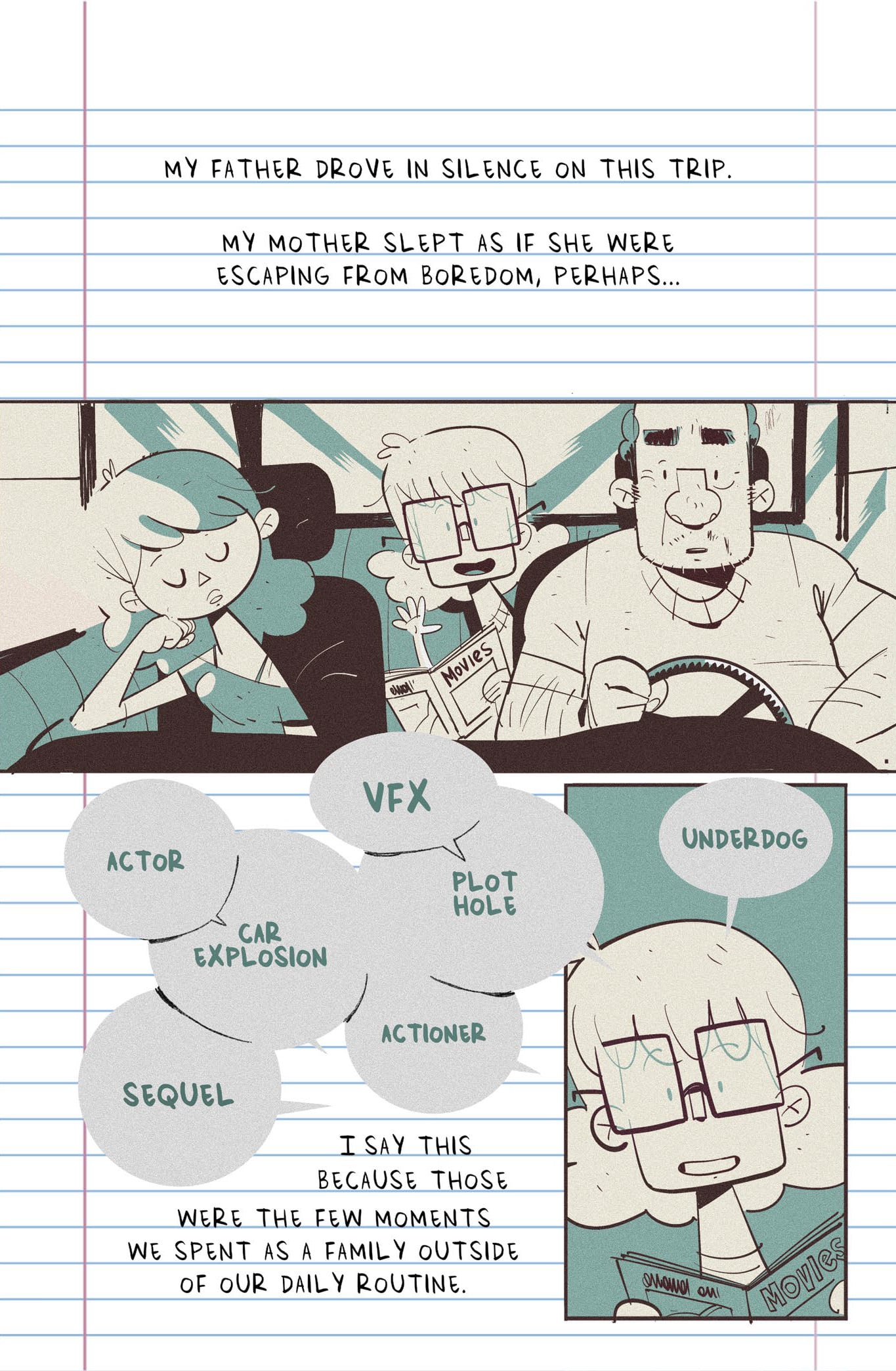 A family drives in a car; the mother sleeps, the father drives silently, and a child thinks about movies, shown by speech bubbles with film terms like “VFX,” “Sequel,” and “Plot Hole.”.