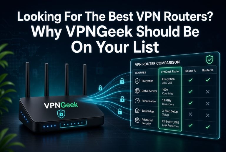 A VPNGeek router is shown with a VPN router comparison chart, highlighting encryption, performance, setup, and security features. Text asks why VPNGeek should be considered.
