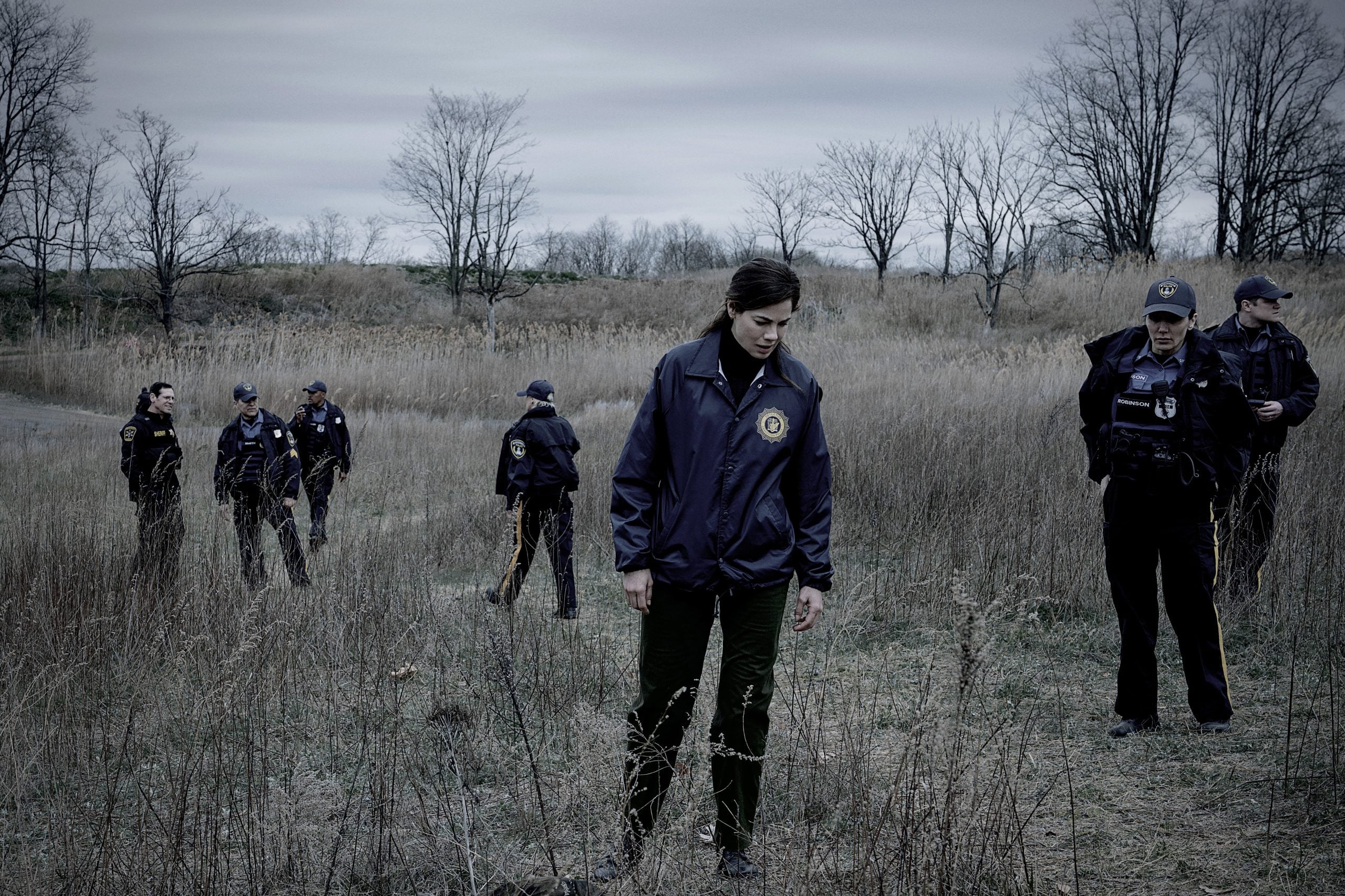 A group of police officers search a grassy, overcast field. Some look at the ground while others scan the area. Leafless trees are visible in the background.