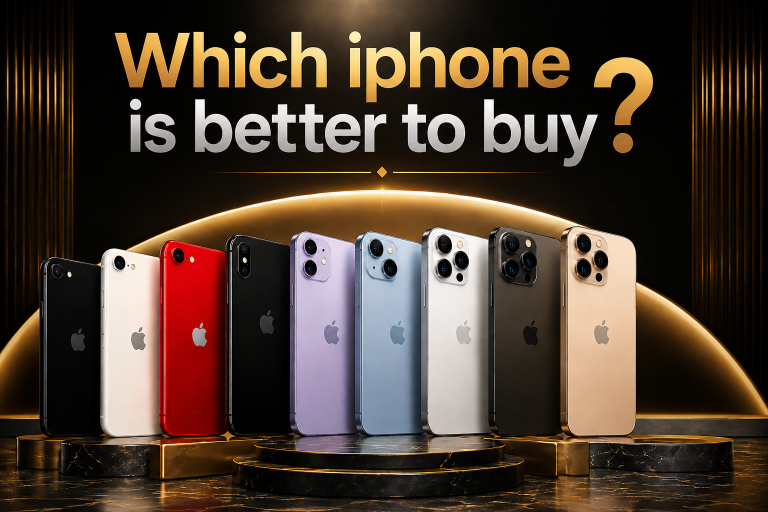 Which iPhone Is Better To Buy? Which iPhone is better to buy? Comparison of multiple iPhone models in different colors showcasing their designs and camera systems.