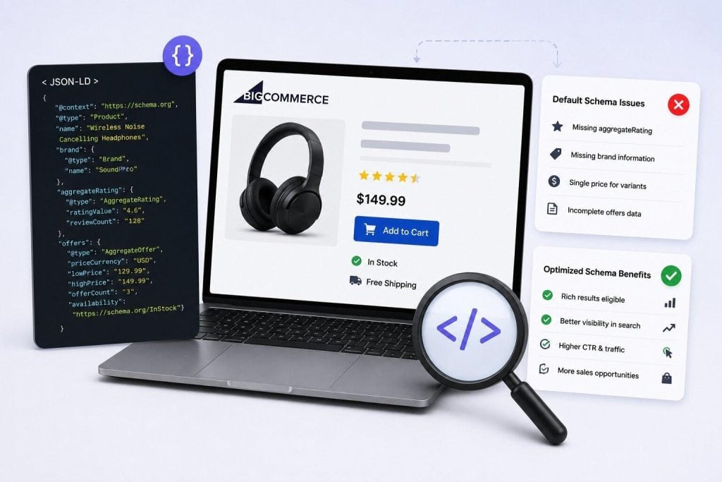 Why BigCommerce Default Schema Needs Improvement A laptop displays a shopping site for headphones. Surrounding elements show code, schema issues, and schema benefits, with a magnifying glass over a code symbol.