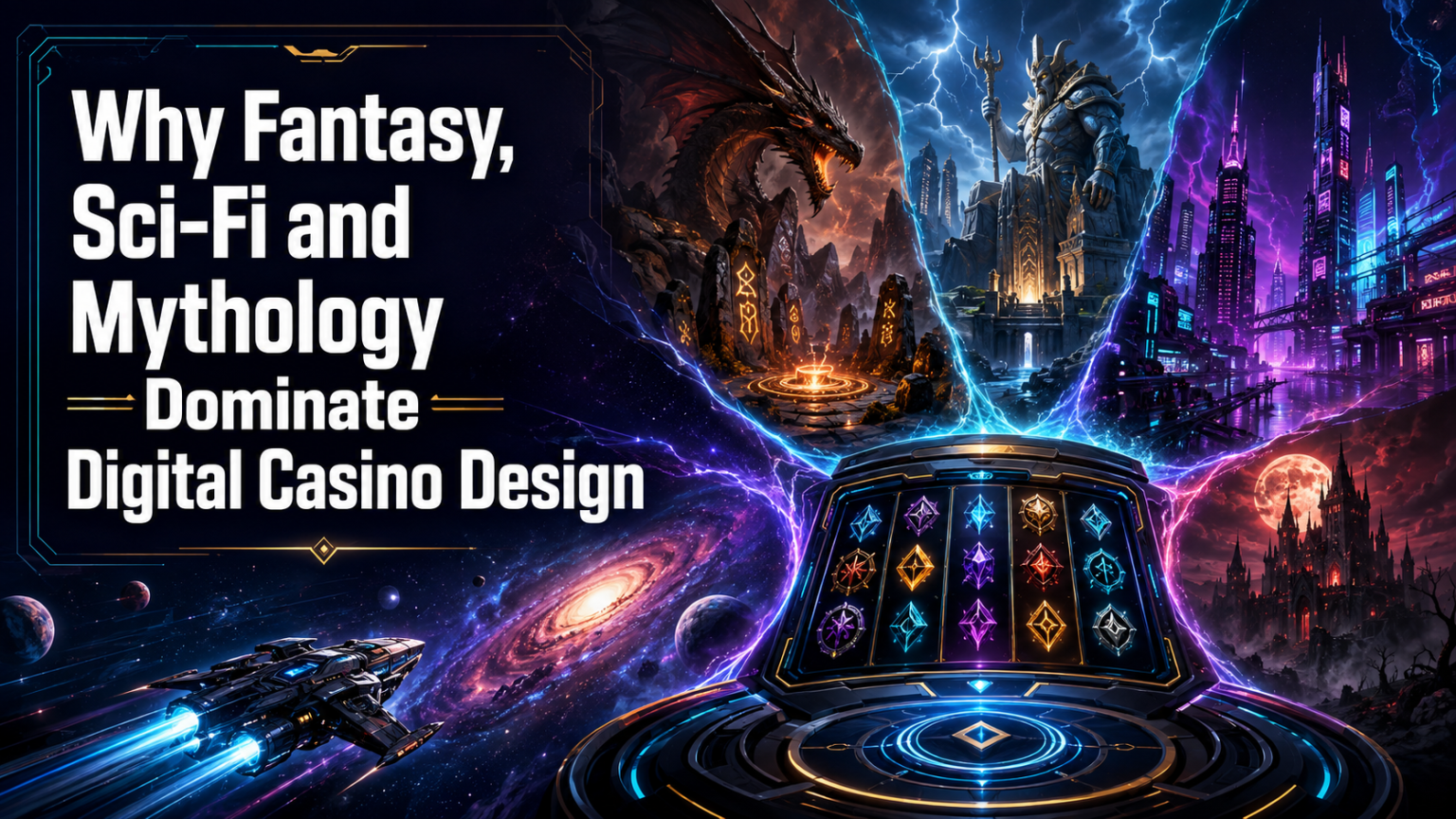 Why Fantasy, Sci-Fi And Mythology Dominate Digital Casino Design A digital casino console projects fantasy, sci-fi, and mythological worlds with dragons, spaceships, futuristic cities, and dark castles around bold text about casino design themes.