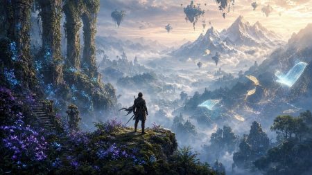 Why We Remember Game Worlds More Than Game Stories A person in armor stands on a cliff overlooking a fantasy landscape with floating islands, mountains, ruins, and glowing plants under a bright sky.