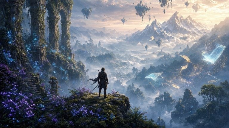 A person in armor stands on a cliff overlooking a fantasy landscape with floating islands, mountains, ruins, and glowing plants under a bright sky.