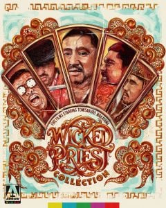 Illustrated cover for “Wicked Priest Collection” features five portraits of men in ornate frames, stylized title text, and an Arrow Video logo in the bottom left corner.