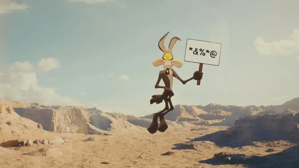 Animated coyote holding a sign with symbols, standing in a desert landscape with mountains in the background under a clear sky.