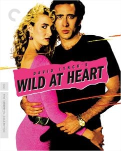 A woman in a pink dress and a man in black stand close together. Text reads “David Lynch’s Wild at Heart.” Criterion Collection label on the side.