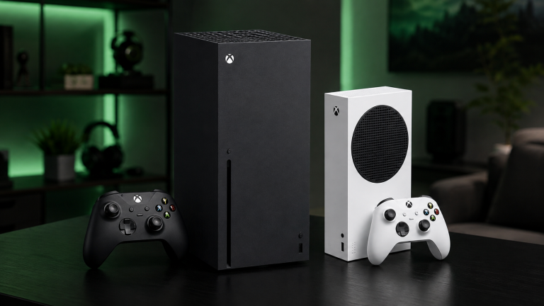 A black Xbox Series X and a white Xbox Series S are placed side by side on a table, each with a matching controller in a modern gaming room.