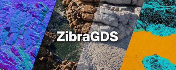 Serhiy Tokarev: ZibraGDS Could Transform Digital Content Production Four vertical panels show different graphic renderings of rocky terrain with the text “ZibraGDS” centered across the middle.