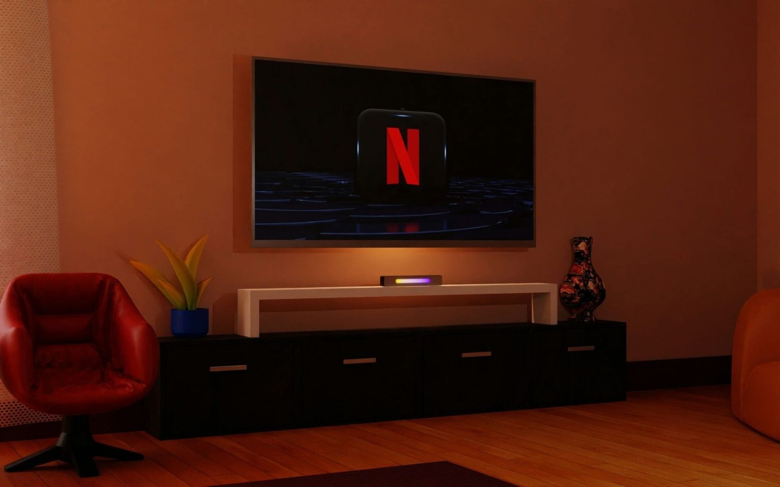 Best Online Stores To Buy A 65 Inch TV In Australia A modern living room with a wall-mounted TV displaying the Netflix logo, a black console with decor items, and red chairs on a wooden floor.