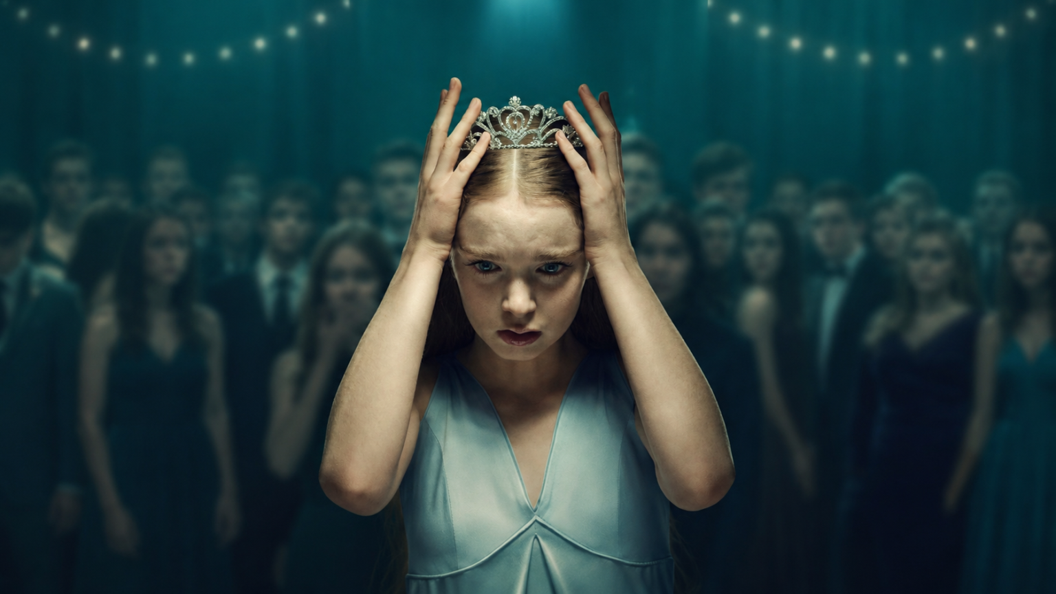 A young woman in a light blue dress stands at the center of a crowd, placing a tiara on her head, with string lights and formally dressed people in the background.