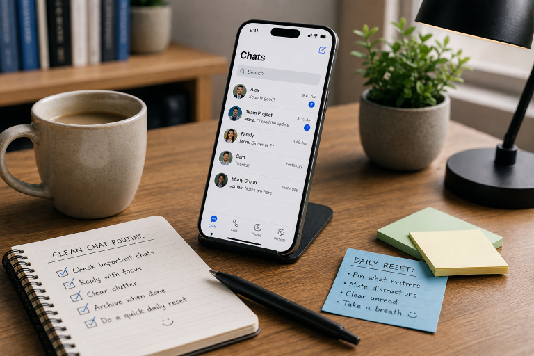 How To Build A Cleaner Everyday Chat Routine Without Adding More Apps A smartphone on a desk displays a chat app. Nearby are a notepad with a chat routine checklist, blue daily reset sticky note, yellow sticky note, pen, and books in the background.
