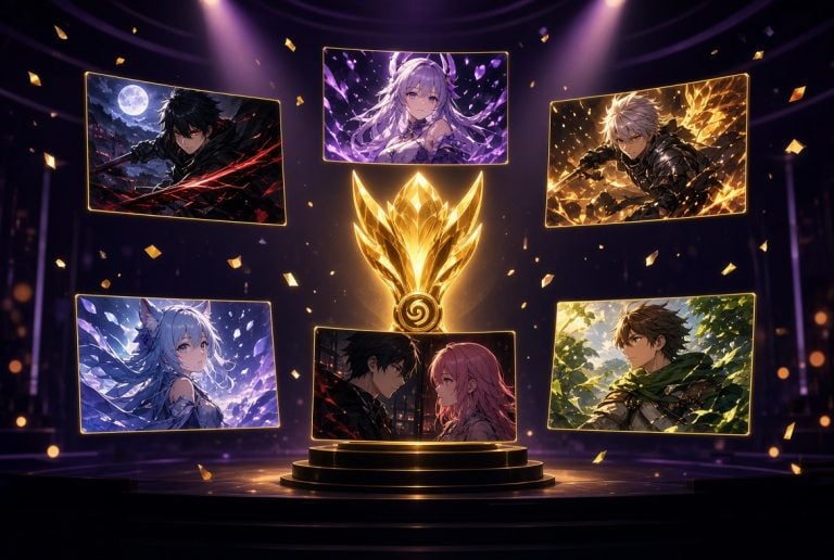 Top 6 Anime Series That Won Their Place At Crunchyroll’s 2026 Awards Six illustrated anime characters are displayed on screens around a golden winged trophy on a lit stage, with purple and gold lighting.