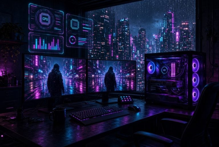 A futuristic computer setup with neon-lit monitors, a glowing PC, and a rainy cityscape with holographic data displays visible through a large window at night.