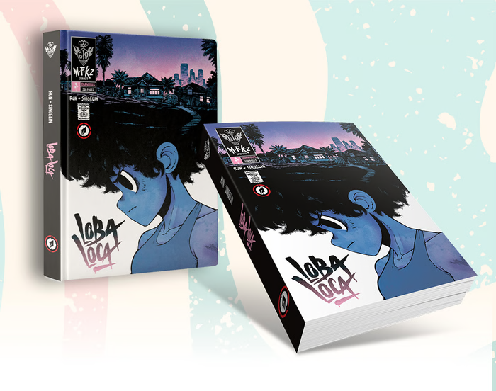 Two copies of the comic book “Loba Loca” with a stylized illustration of a blue-skinned character in front of palm trees and city buildings on the cover.