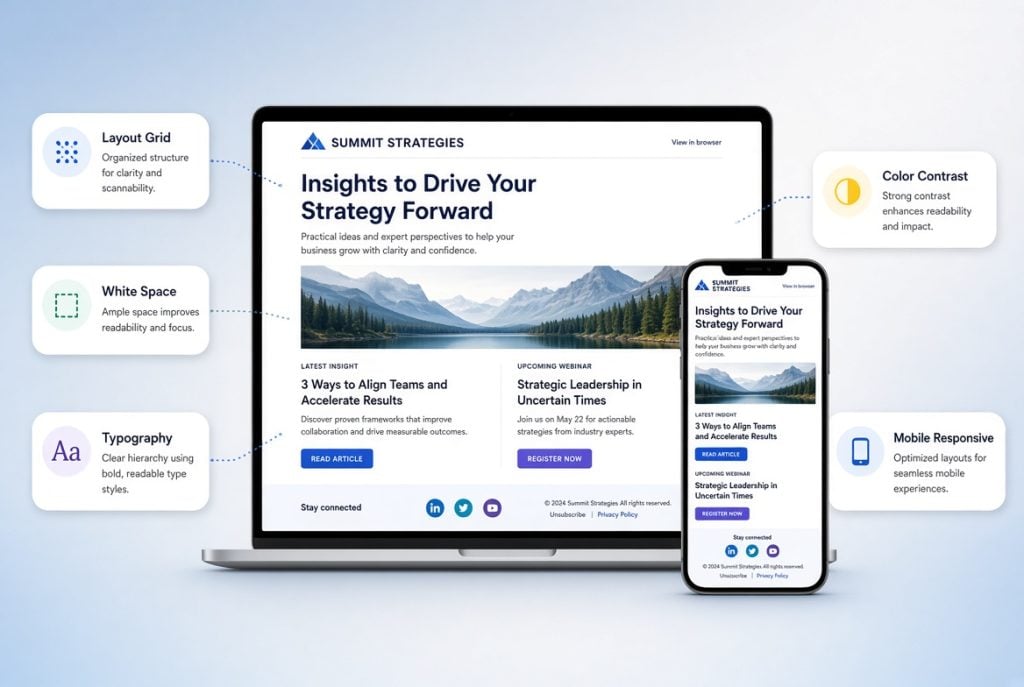 A laptop and phone display a business strategy webpage; callouts highlight layout grid, white space, typography, color contrast, and mobile responsiveness features.