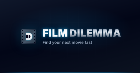 Logo for “Film Dilemma” featuring a film reel icon and tagline “Find your next movie fast” on a dark blue background.