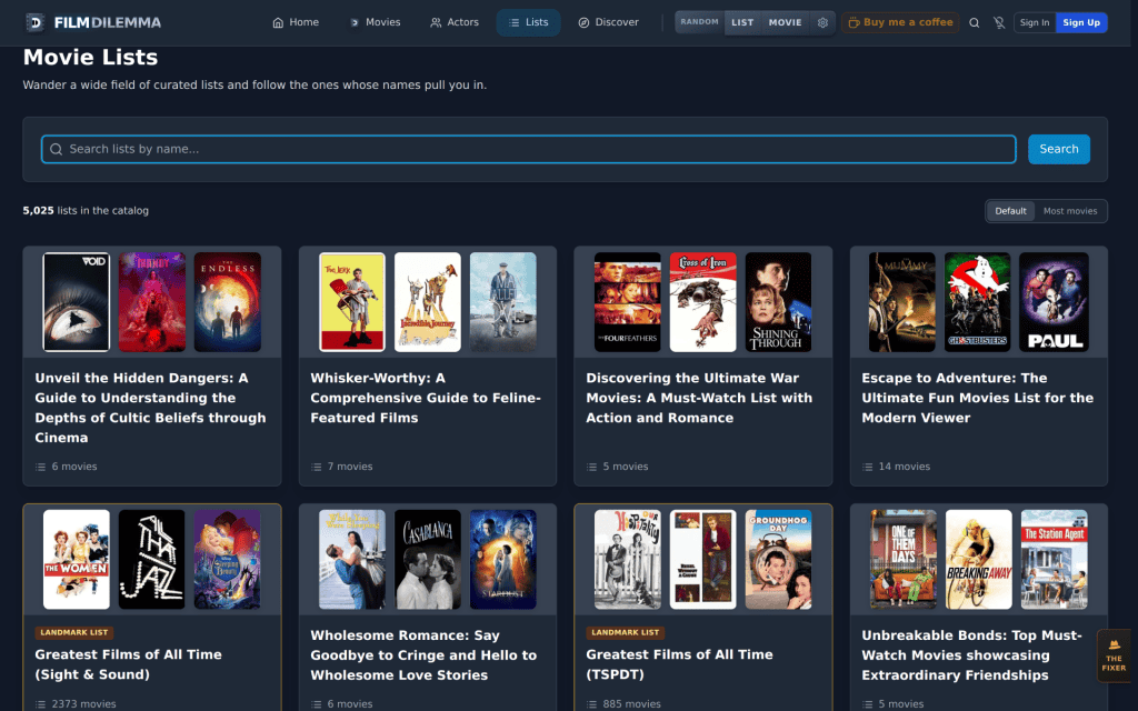 A website page displaying curated movie lists with cover images, list titles, brief descriptions, and navigation menus at the top.