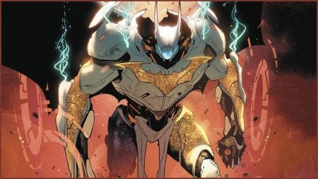 The 15 Strongest Versions Of Batman, Ranked A futuristic armored figure with glowing blue accents stands in a dynamic pose, surrounded by fiery, smoky energy and electric arcs.