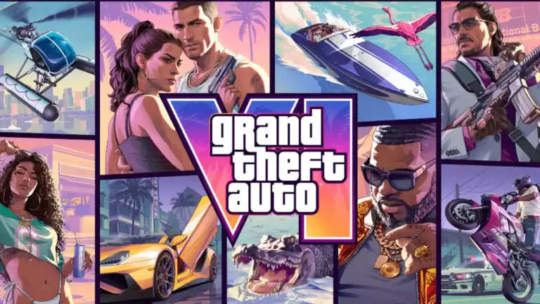 Take-Two CEO Defends GTA 6 Having No Disc, Says Physical Games Are Becoming Like Vinyl Collage of illustrated characters, cars, boats, a helicopter, and the Grand Theft Auto V logo in the center, with a vibrant, action-themed background.
