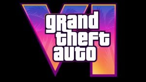 The image shows the “Grand Theft Auto VI” logo, with bold white text over a large, colorful “VI” featuring a tropical gradient and palm tree silhouettes.