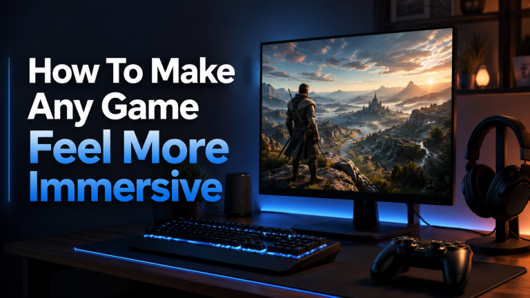 How To Make Any Game Feel More Immersive A gaming setup with a monitor displaying a fantasy landscape, keyboard, controller, headphones, and the text “How To Make Any Game Feel More Immersive” on the left.