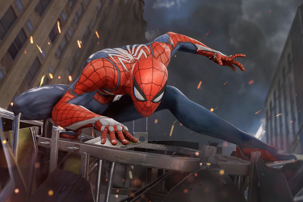 Spider-Man crouches on metal debris in a city with sparks flying and stormy skies in the background.