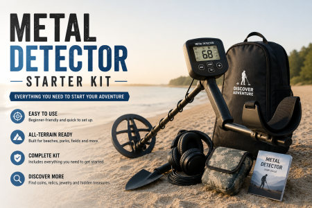 Metal detector starter kit with detector, headphones, camo pouch, backpack, and user guide displayed on a wooden surface by a lake at sunset; feature list on left.