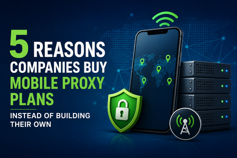 Business team comparing mobile proxy plans with the cost and complexity of building an in-house proxy network.