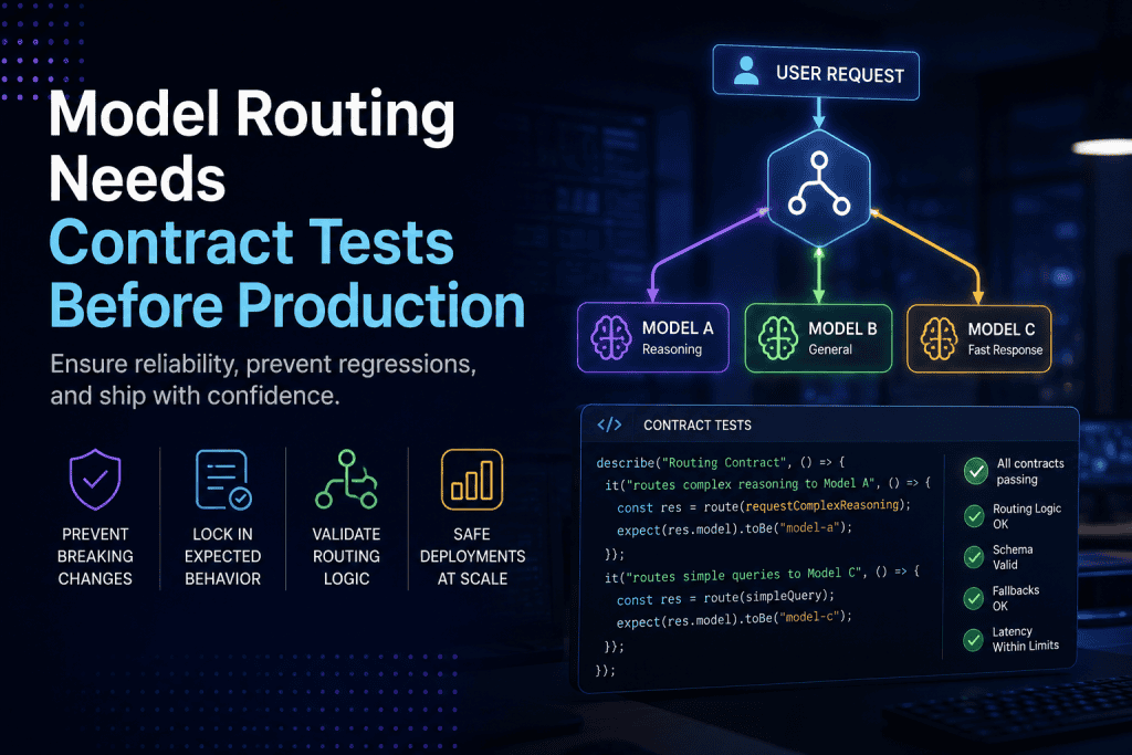 Model Routing Needs Contract Tests Before Production Diagram of model routing with three models, highlighting the need for contract tests before production; includes benefits and a code snippet example.