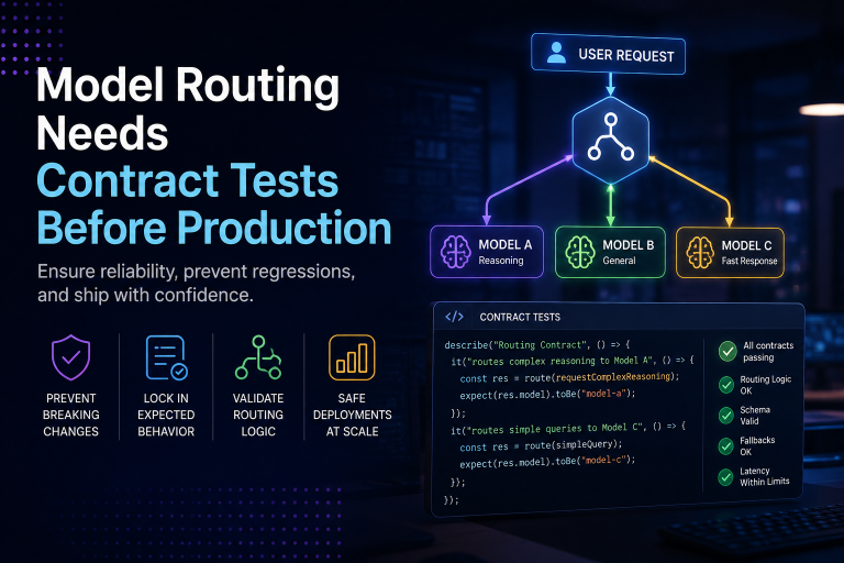 Model Routing Needs Contract Tests Before Production Diagram of model routing with three models, highlighting the need for contract tests before production; includes benefits and a code snippet example.