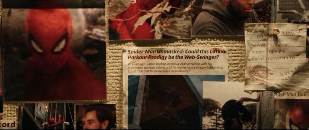 A bulletin board displays photos of Spider-Man, a newspaper clipping speculating his identity, and notes about potential suspects, including descriptions and characteristics.