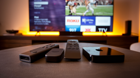 Four streaming device remotes and TV boxes on a table with a lit TV and illuminated background visible in the living room.