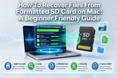 A guide showing steps to recover files from a formatted SD card on Mac, featuring an SD card, a laptop, recovery software interface, and step-by-step instructions.