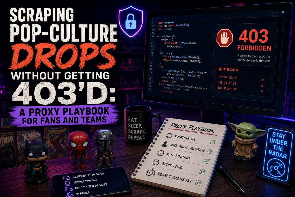 Scraping Pop-Culture Drops Without Getting 403’d: A Proxy Playbook For Fans And Teams Proxy-based web scraping workflow for tracking pop-culture drops