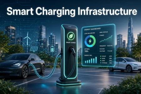 Electric cars are charging at a smart station in a modern city, with a digital dashboard displaying energy and grid statistics.